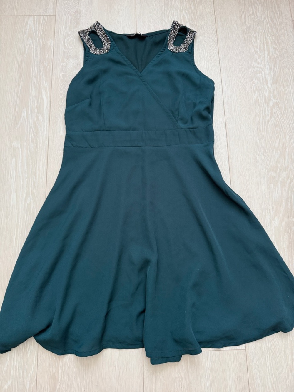 Emerald Green Sleeveless Mini Dress with Shoulder Rhinestone Accents - Picture 7 of 8